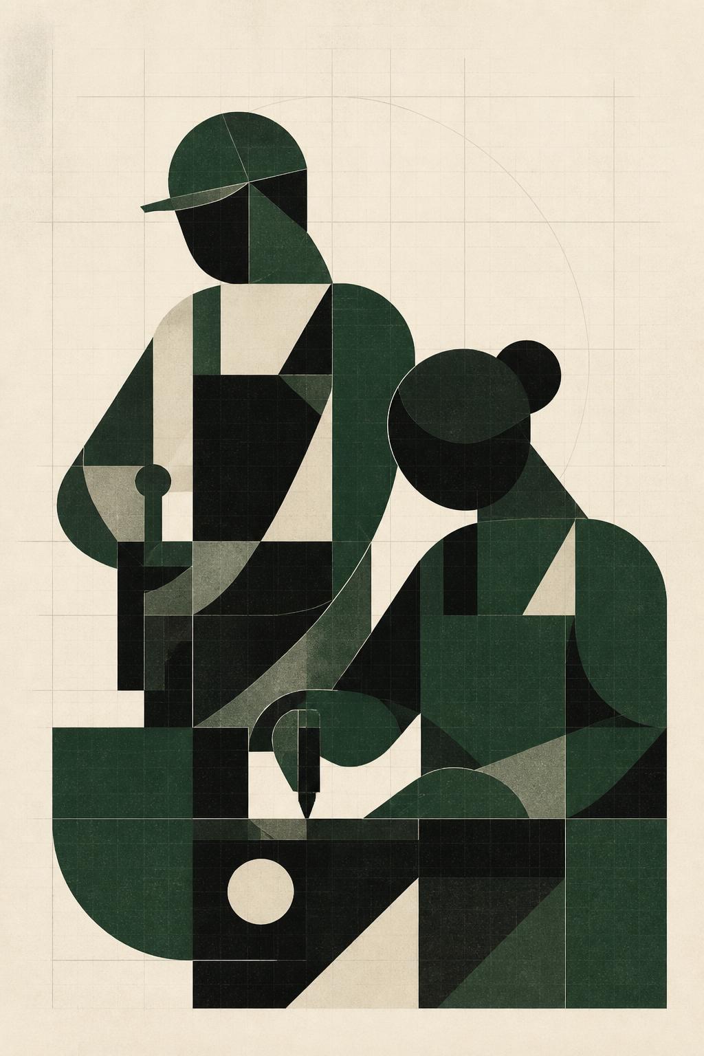 An abstract editorial illustration of two operators at work